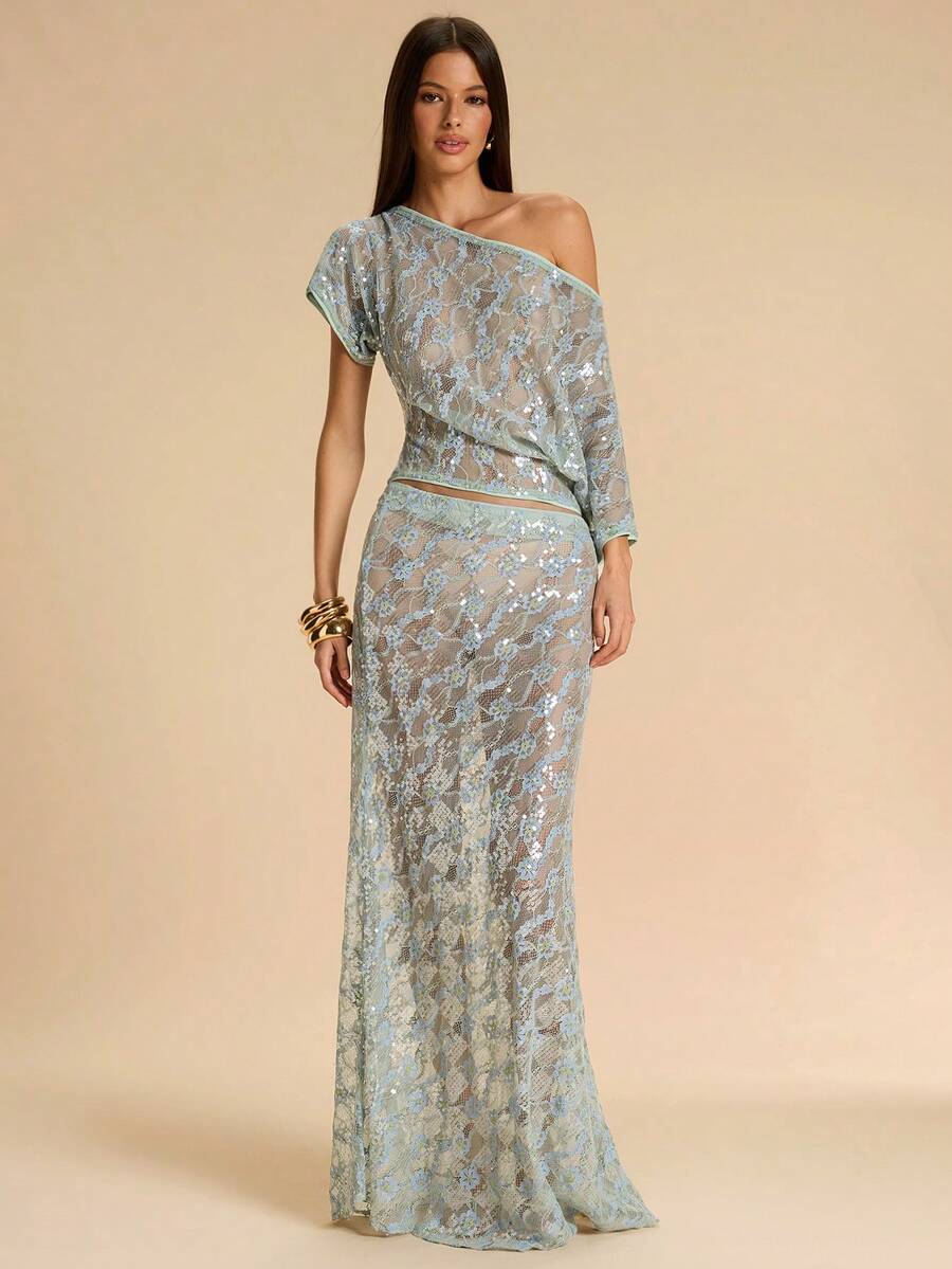 SHEIN BAE 彩色蕾丝透视不对称肩部上衣，优雅夏季上衣，适合夜店、外出、海滩、工作/办公室、商务休闲等场合。 - 綠色 - 查看 1