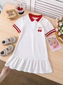 SHEIN 少女樱桃图案针织翻领修身休闲连衣裙 - 白色 - 查看 4