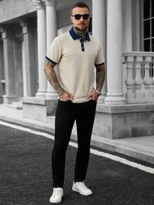 Manfinity CasualCool 男士纹理撞色短袖休闲通勤 Polo 衫，学院风图案 Polo 衫，男士纽扣针织 Polo 衫，男士 Polo 衫，男士高尔夫球衫，男士针织衫，适合日常休闲、周末旅行、远足、轻松的工作环境，可作为男友/丈夫礼物、周年纪念/生日礼物、派对、暑假、假日、婚礼等场合穿着。 - 卡其色 - 查看 4