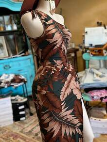 INAWLY Women's Fashion Leaf Print Slit Sleeveless Asymmetric Dress - Multicolor - View 4