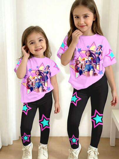 SHEIN Fashionable Shiny Pink, K-POP Cartoon Girl , Young Girl Casual Minimalist Comfortable Soft Round Neck Loose Short Sleeve T-Shirt And Leggings Set, Suitable For Spring/Summer Daily Wear, Street Style, Outings, Home, Vacation