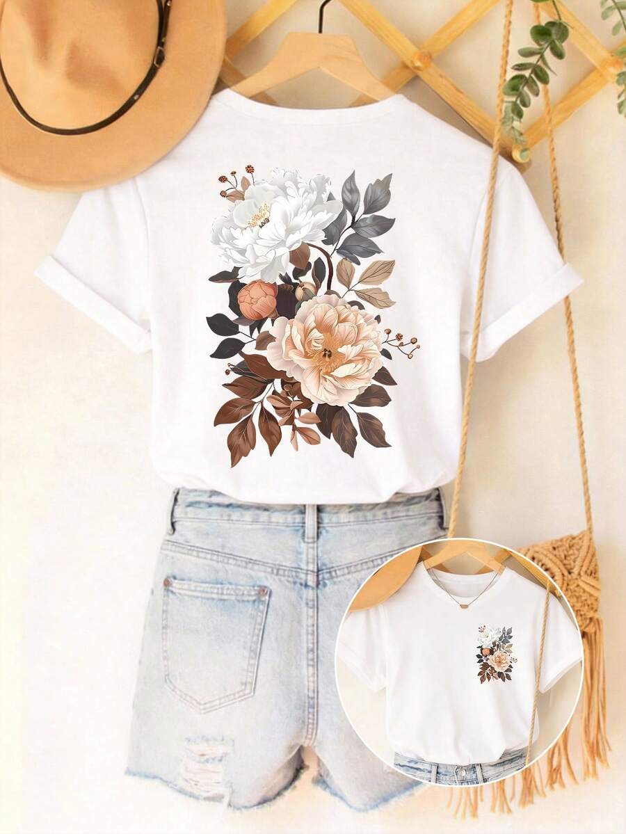 SHEIN EZwear Kỳ nghỉ, Mùa xuân, Trang phục nghỉ dưỡng Áo thun ngắn tay in hoa mùa xuân - trắng - Xem 1
