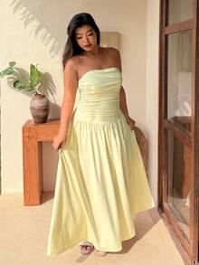 SHEIN EZwear Đầm chữ A phối lưới màu vàng cỡ lớn, kiểu dáng thường ngày, thích hợp cho kỳ nghỉ xuân/hè. - Màu vàng ngỗng - Xem 1