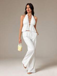 SHEIN Tall 两件套服装，包括系带露背吊带背心和阔腿抽绳裤，适合夜店、度假、海滩、锐舞派对、夏威夷海岛度假等场合。 - 白色 - 查看 4