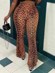 SHEIN SXY High Waisted Leopard Print Flare Pants Party Date Pants Leopard Print Pants Women's Pants - Yellow - View 7