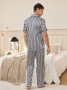 Men's Black & White Striped Heart Print Satin Lapel Short Sleeve Pajama Set - Multicolor - View 6