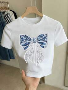 Camiseta de manga corta con cuello redondo y decoración de lazo para adolescentes, adecuada para uso diario, salidas y escuela - Blanco - Ver 5