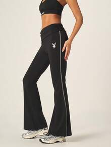 Missguided x Playboy High Waisted Flared Athletic Leggings With Bunny Logo And Metallic Side Stripe Detail - Black - View 1
