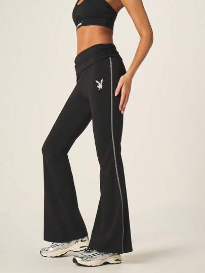 Missguided x Playboy High Waisted Flared Athletic Leggings With Bunny Logo And Metallic Side Stripe Detail