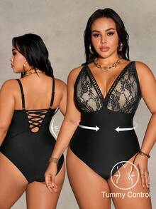 Shapewave 2026 New Summer Beach Lace & Mesh Patchwork Adjustable Drawstring Plus Size One-Piece Swimsuit - Black - View 1