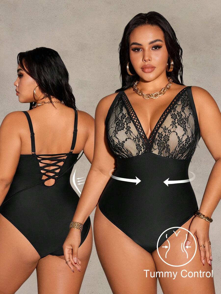 Shapewave 2026 New Summer Beach Lace & Mesh Patchwork Adjustable Drawstring Plus Size One-Piece Swimsuit - Black - View 1