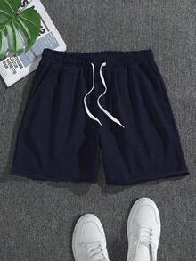 Manfinity Homme Plus Size Men's Summer Casual Distressed Contrast Drawstring Waist Shorts - Navy Blue - View 3