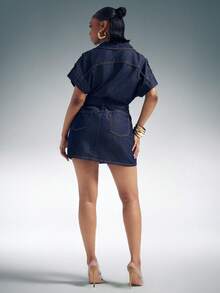 Denimoi Oversized Notched Collar Denim Mini Dress Fashionable Denim Dress - Dark Wash - View 2