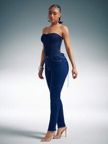 Denimoi 露背系带牛仔束身胸衣性感上衣牛仔套装时尚上衣 - 藍色 - 查看 3