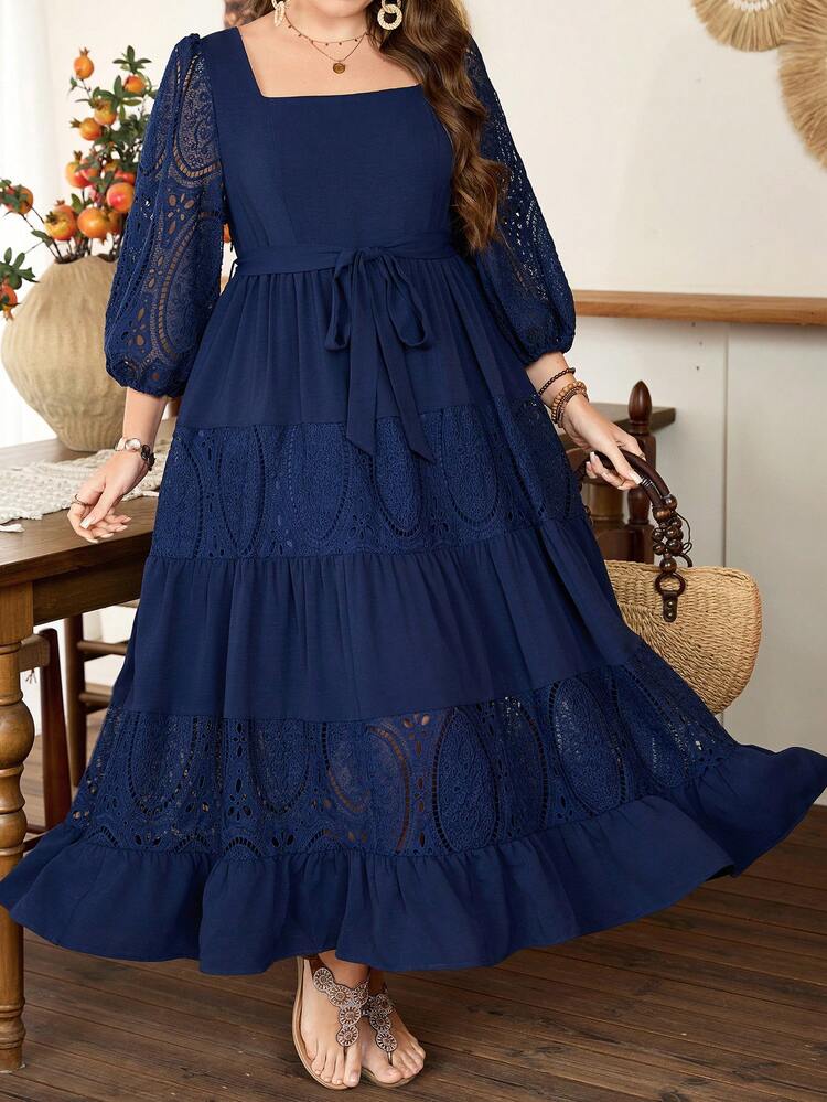 Modelyn Plus Size Women's Square Neck Lantern Sleeve Tie-Waist Ruffle Hem Embroidery Patchwork Elegant Dress - Navy Blue - View 6