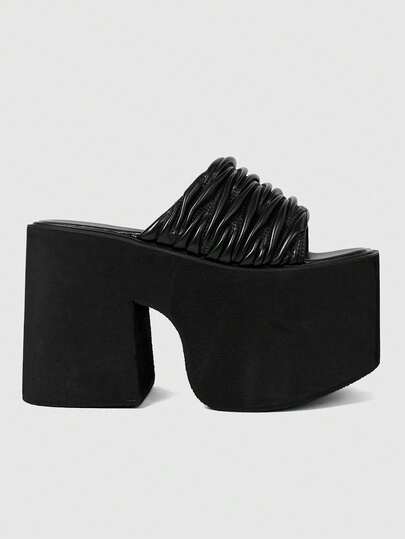 ROMWE Grunge Punk Women's Black Pleated Textured Platform Slide Sandals, Fashionable For Party Occasions