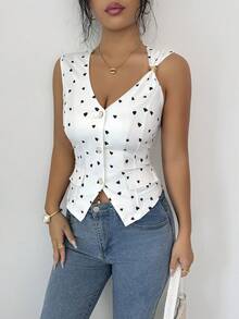 Selianne Women's Heart Print Single-Breasted Decorative Button Tank Top - White - View 3