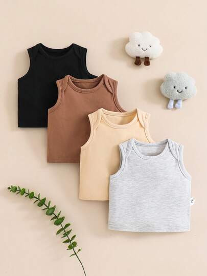 SHEIN 4件套新生男宝宝纯色针织柔软休闲百搭圆领无袖叠穿上衣套装