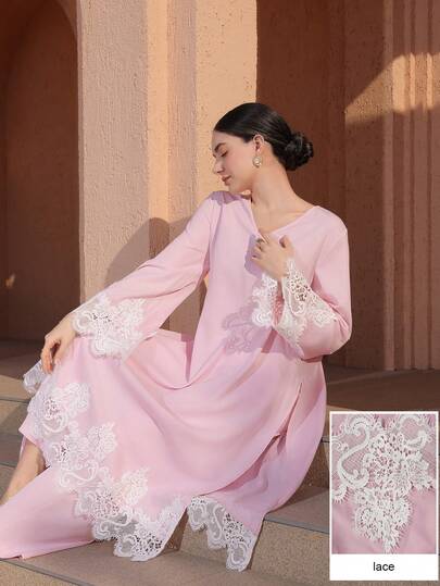 Graceveil Lace Patchwork V-Neck Loose Aging-Reducing Long Top & Straight Leg Pants Women's Elegant Pink 2-Piece Set