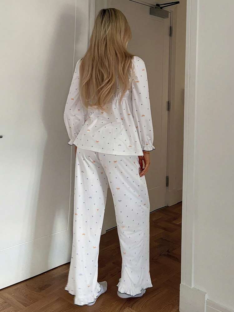 Sweet Bow Polka Dot Contrast Trim Ruffle Edge Women Pajama Set