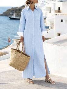 Breezaya 女士蓝色条纹长袖开衩衬衫裙，休闲梭织面料，适合度假穿着，是女士度假休闲装扮的理想之选。 - 藍色 - 查看 6