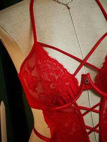 SpicyHot 3件套蕾丝透视深V露背吊带性感连体衣内衣套装 - 紅色 - 查看 8