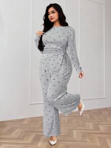 Modelyn Große Größen Lässig Schmetterling Muster Kordelzug asymmetrischer Saum Top und Hose Zweiteiler, Herbst - Grau - Übersicht 6