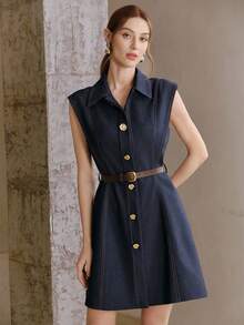 Anewsta Women's New Urban Retro College Commuter Polo Collar Sleeveless Dress With Metal Button Decoration, Short Dress With Belt - Dark Wash - View 4