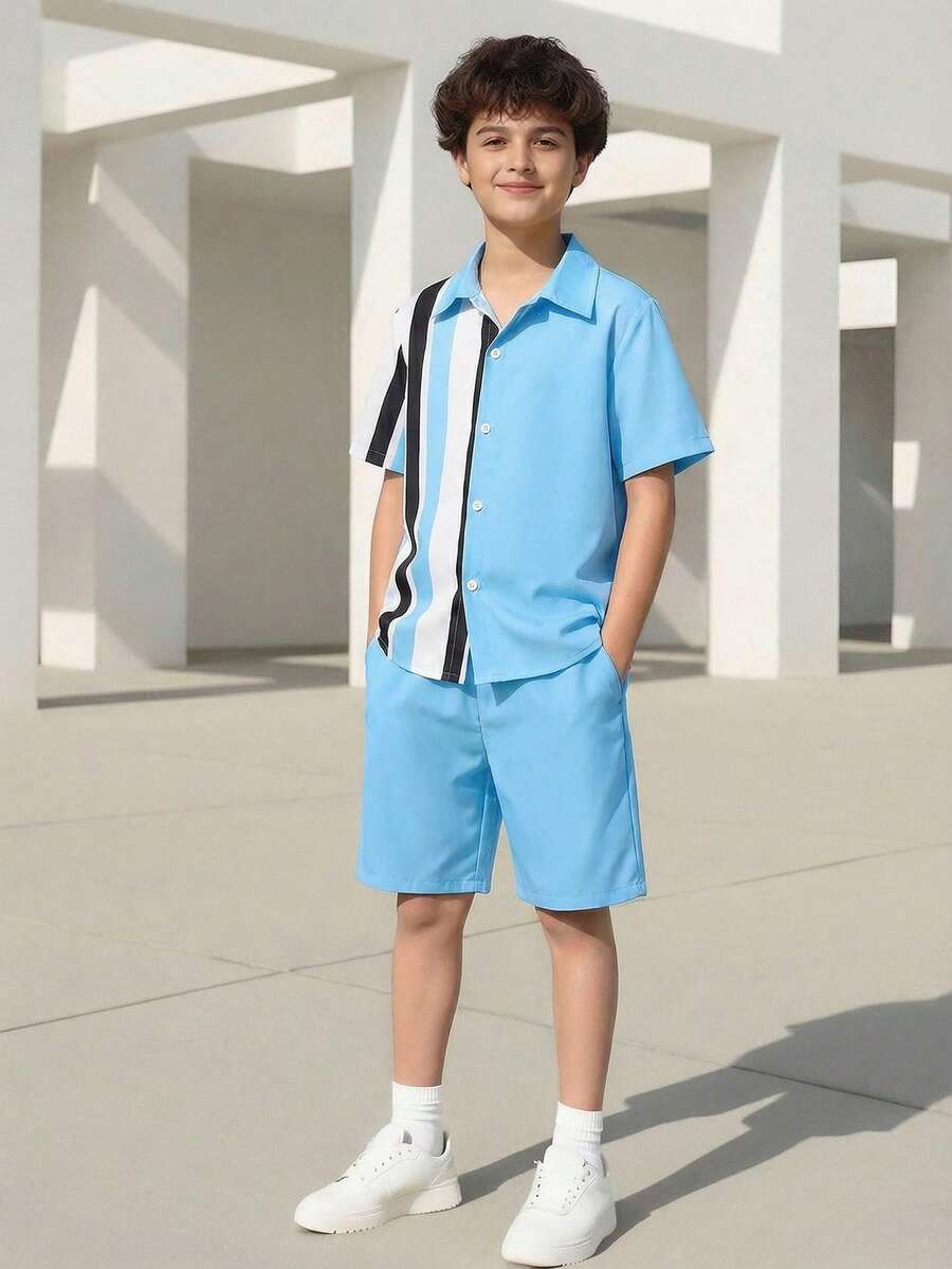 SHEIN Vacaura Tween男孩顏色分塊短袖襯衫和短褲套裝 - 淺藍色 - 查看 1