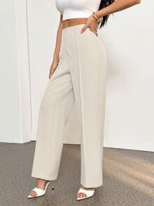 SHEIN PETITE 夏季女士浅米色西装裤，通勤及优雅约会工作裤，商务休闲女装 - 白色 - 查看 6