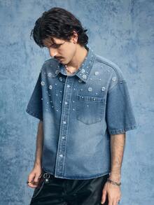 ROMWE MEN Grunge Punk 男士时尚珍珠装饰牛仔短袖上衣 - 棕色 - 查看 8