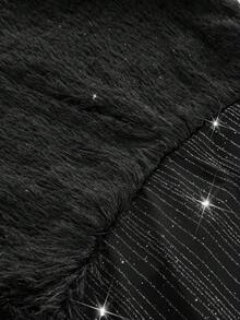 Viva Relle Plus Size Women Shiny Mesh Round Neck Long Sleeve Furry Hem Fitted Elegant Dress - Black - View 5