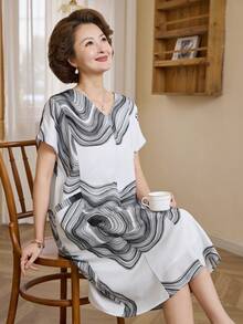 Vivie Lora Women's V-Neck Geometric Pattern Waist Cinched Mid-Length Dress - Black and White - View 3