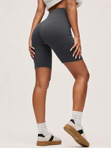 SHEIN BASICS 1件装宽腰带运动骑行短裤 高腰短裤 灰色运动短裤 女士骑行短裤 女士运动短裤 - 灰色 - 查看 3