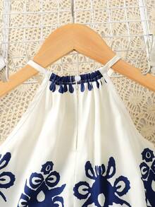 Young Girl Vacation Summer Totem Tropical Plant & Floral Pattern Halter A-Line Dress - Blue and White - View 4