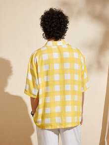 Felipe Marques 男士花卉格纹印花撞色短袖宽松衬衫，黄色格纹休闲衬衫，适合海岛度假、派对、波西米亚风、秋冬季穿着 - 彩色 - 查看 2