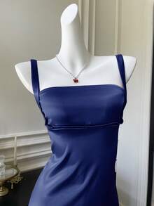 SHEIN EZwear 粉色女士外出约会纯色吊带短款夏季连衣裙宝蓝色上衣女士连衣裙上衣短款蓝色连衣裙钴蓝色连衣裙蓝色缎面连衣裙吊带裙女士连衣裙迷你连衣裙女装 - 藏蓝色 - 查看 3