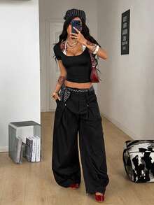 Coolane 女士春季音乐会穿搭街头风 Y2K 时尚休闲蕾丝拼接露背方领短款抹胸T恤 - 黑與白 - 查看 5