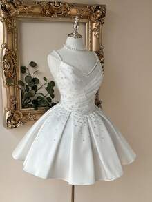 Lovelzi Elegant Fashion White Satin Mesh Patchwork Strapless Pearl Decor A-Line Formal Party Dress, Wedding Guest Bachelorette Prom Bridal Shower - White - View 7