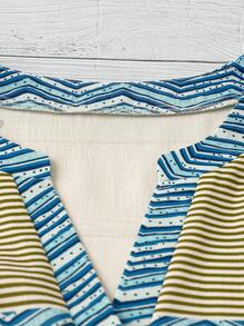 Linhara Blusa casual de mujer talla grande con estampado floral y de bloques de color, cuello en V y mangas cortas, estilo vintage elegante para ir al trabajo, vacaciones y uso diario en primavera/verano - Multicolor - Ver 5