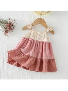 Loomiva Newborn Baby Girl Contrast Color Round Neck Ruffle Waist Dress, Versatile & Comfortable,Kids - Multicolor - View 4