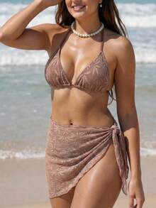 Swim Vcay 3pcs Tropical Leaf Print Swimsuit Set - Padded Halter Bikini Top + Tie-Front Wrap Skirt, Beach Vacation Style - Apricot - View 4