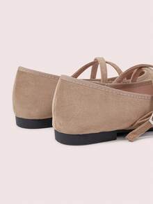 CUCCOO DOLLMOD Women's Shoes Camel Square Toe Characteristic Pleated Suede Cross Strap Mary Jane Low Vamp Ballet Flats - Khaki - View 4