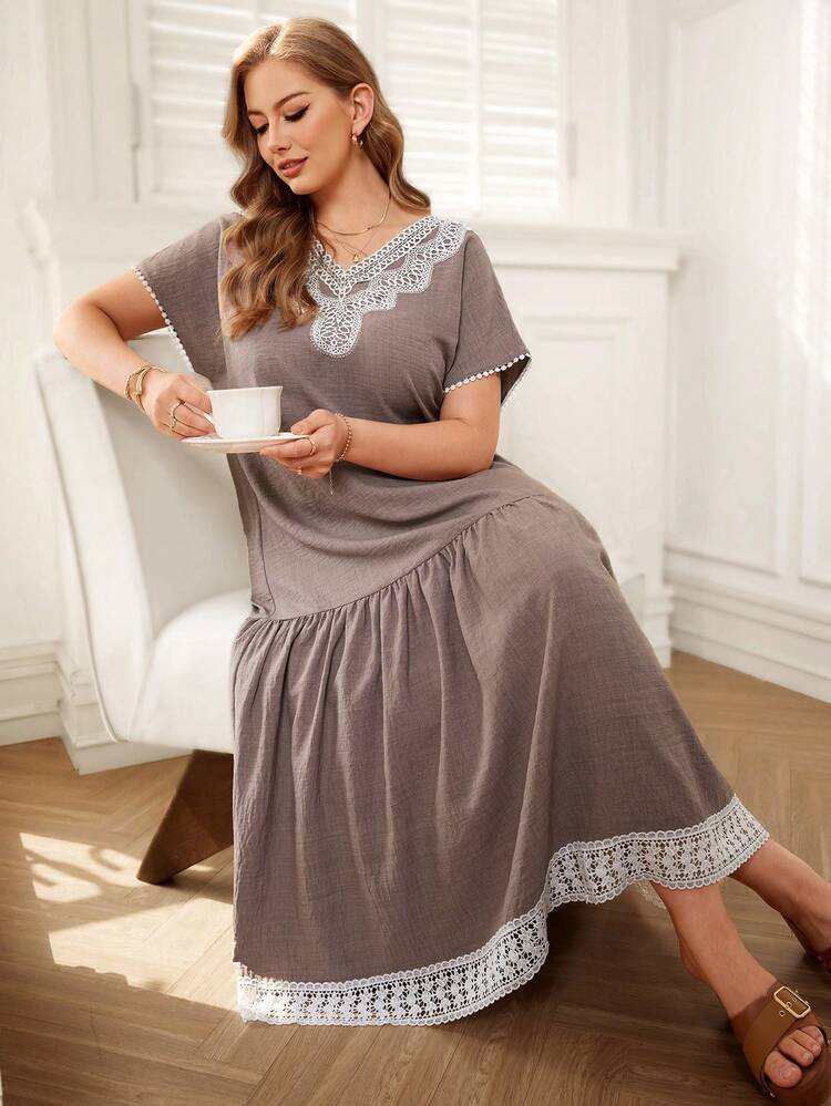Plus Size Elegant Contrast Lace Ruffle Hem Dress, Summer French Style Dress Lounge Dress Summer Outfit For Women Beach Vacation Outfits Graduation Dress Women Wedding Guest Dress, Summer Dresses Gray Plus Size Dress