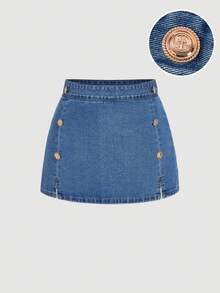 SHEIN MOD Shorts vaqueros casuales de verano para mujer con decoración de botones - Azul - Ver 1