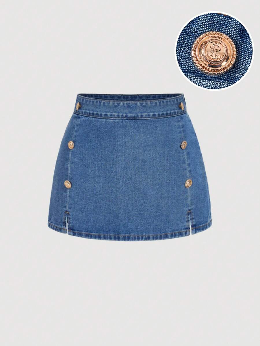 SHEIN MOD Shorts vaqueros casuales de verano para mujer con decoración de botones - Azul - Ver 1