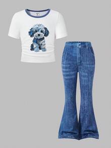 SHEIN 2pcs/Set Young Girls Round Neck Short Sleeve T-Shirt And Flared Pants,Back-To-School Summer Outfits For School Campus Sports & Street Style Wear - Blue - View 2