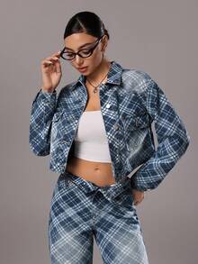 TRNVIE 时尚休闲菱形格纹纽扣牛仔衬衫 - 中等水洗藍 - 查看 1