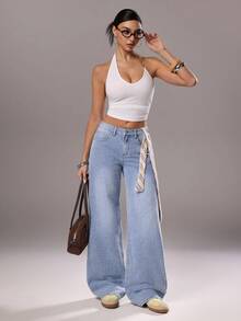 TRNVIE Fashionable Casual Crochet Distressed Low-Waist Straight Leg Jeans - Light Wash - View 5