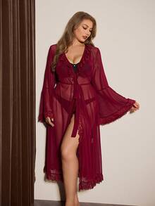Slumberist Plus Size Sexy Lace Trim Sheer Robe - Burgundy - View 3